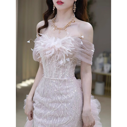 ACJK one-shoulder evening dress pink engagement wedding dress high-end light luxury niche host adult ceremony princess dress pink M