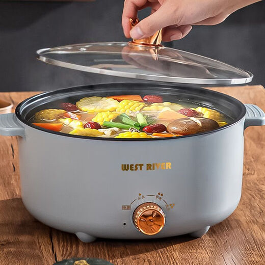 WESTT RIVER exporta a Alemania olla eléctrica totalmente automática, wok eléctrico todo en uno, olla multifuncional para cocinar al vapor, freír y shabu-shabu, olla antiadherente de doble oreja con perilla blanca de 20 cm, viene con una vaporera, apagado inteligente extra grueso de 4,6 litros 丨 24