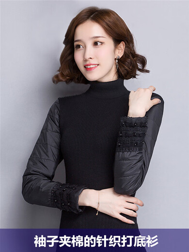 CARSEMKEITN Down Sleeves Cotton Sleeves Bottoming Shirt Women's Winter Sleeves Thickened Sweater with Fur Vest Knitted Slim-fitting T-shirt Black Turtle Collar Body Plus Integrated Velvet S Recommended 80-95Jin Jin is equal to 0.5kg