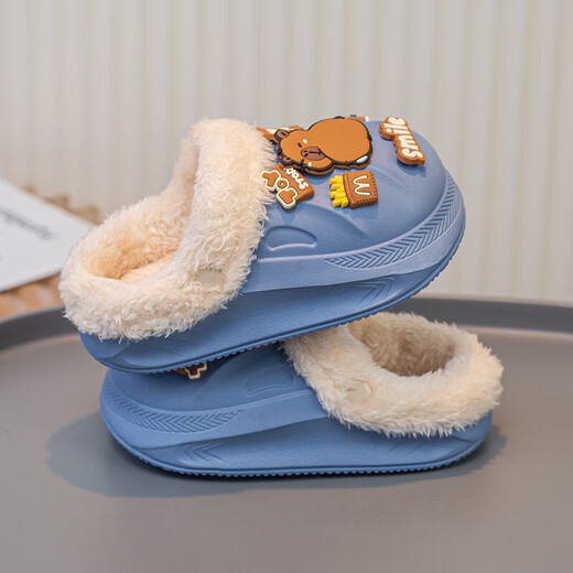 Kapibara children's cotton slippers for boys' autumn and winter home new anti-slip plus velvet warm thick-soled baby slippers winter royal blue 34.5 (suitable for feet 34-35)
