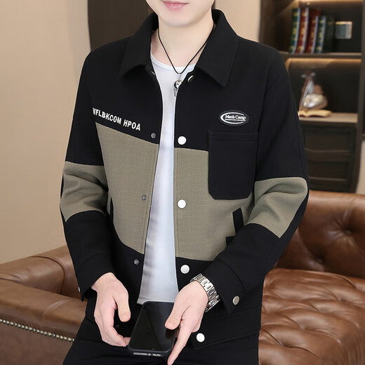 New spring and autumn lapel tops, fashionable casual stitching, handsome middle-aged jackets CSqy workwear lapel jackets jd black 2XL recommended 135-150Jin Jin equals 0.5 kg