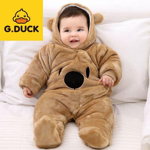 G.duck baby jumpsuit autumn and winter thickened outdoor cotton clothing for newborns, male and female babies, winter quilted plus velvet to keep warm for the full moon, coffee color_coffee color little black bear, with feet and cotton 36cm 59