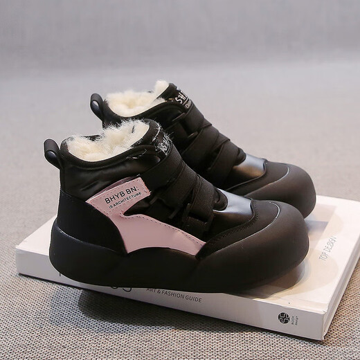 Girls' Snow Boots 2025 New Winter Large Cotton Shoes Children's Short Boots Women's and Large Children's Casual Shoes Plus Velvet Daddy Shoes Black Size 37 Shoes Inner Length 22cm