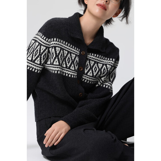Xingshi WeTHEE 100 sheep wool medium thick Fair Isle cardigan sweater college style high collar multi-button women's sweater dark gray M