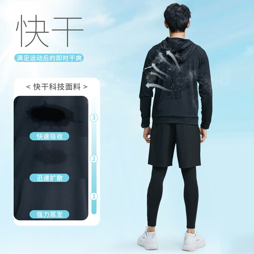 Li Ning Sports Suit Men's Running Gym Clothing Fitness Autumn Quick-Drying Clothes Tight Long-Sleeved Morning Running Cycling Training Clothes Four Seasons Worry-free Five-piece Set Elite Black L/175 (125-145Jin Jin equals 0.5kg)