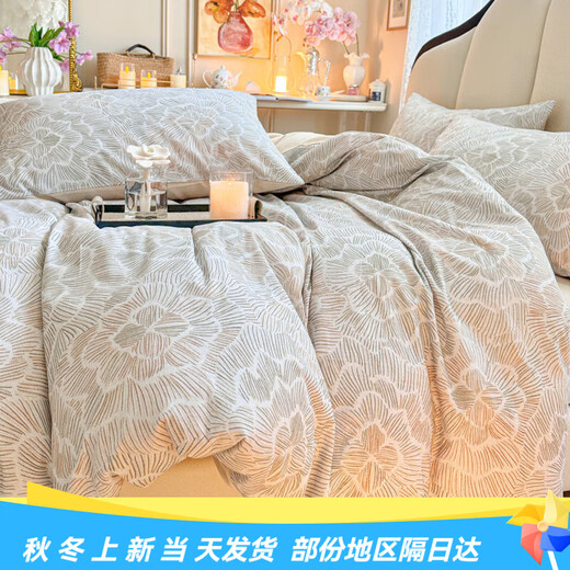 Mercury series home textile new 100% cotton four-piece set floral pure cotton brushed quick-warm autumn and winter thickened bed sheet duvet cover and fitted sheet three-piece set Flower Spike 100% cotton 1.5m fitted sheet set four-piece set 100% cotton