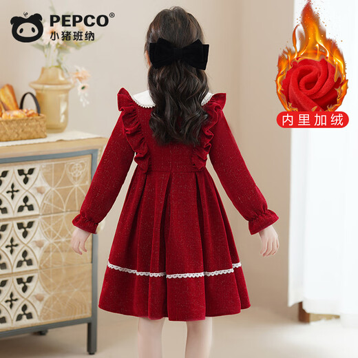 Piggy Banner (PEPCO) girls winter red dress stylish plus velvet children's clothing winter skirt little girl princess dress red 120