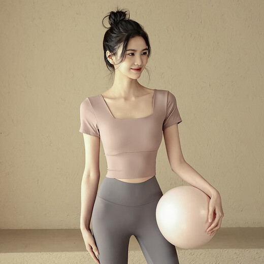 Zailu Yoga Wear Short Sleeve Women's Summer Pilates Fitness Top Slim Fit Sports Belt Padded Yoga Wear Square Neck Yoga Short Sleeve Pink M