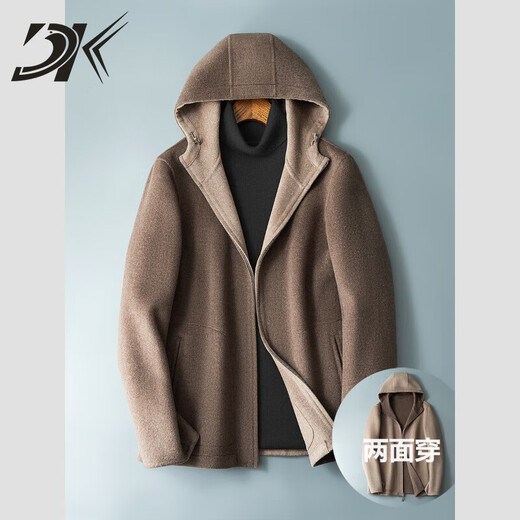 DK reversible 100% wool short coat men's reversible woolen coat hooded woolen jacket autumn and winter contrast color versatile camel+beige M (170) suitable for 100-130Jin Jin equals 0.5 kg