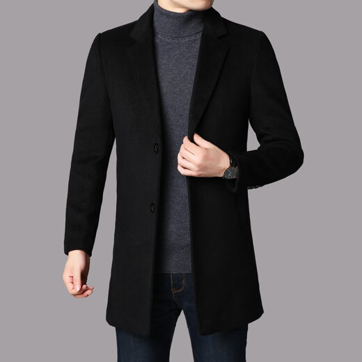 Lilang men's winter medium-length thickened coat new wool woolen coat young and middle-aged men's casual windbreaker black thickened M (170) (recommended 110-130Jin Jin equals 0.5 kg)