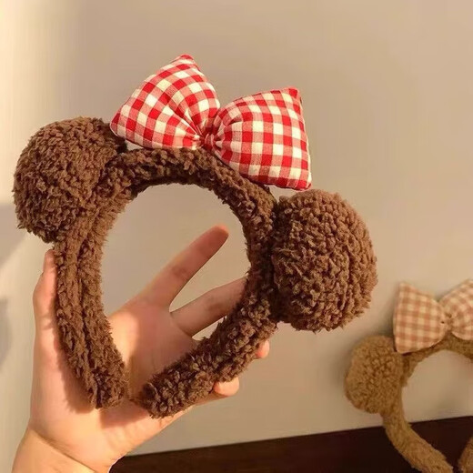 Cute leopard print cat plush headband for home girl, face wash headband, makeup mask, pressed hairpin, jewelry, brown plush bear ears, red plaid bow headband