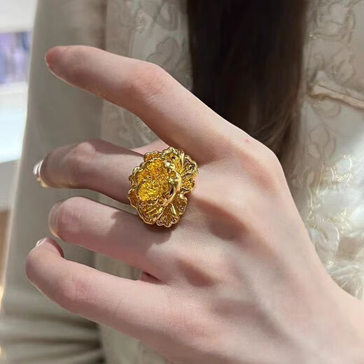 Micro luxury bead gold peony flower ring for women 999 pure gold large flower ring new 5D hard gold atmospheric flower gold ring genuine No. 17 about 3.90 grams