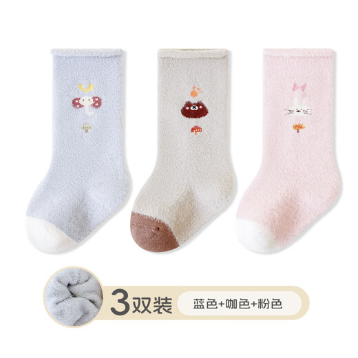 BIBK Newborn Baby Socks Winter Thickened and Velvet Warm Class A Non-Stretching Leg Socks for Boys and Girls Children Brown + White Yellow + Pink 3-5 Years Old