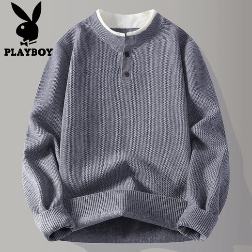 Playboy (PLAYBOY) heavy fake two-piece sweater for men winter 2025 American retro sweater thickened warm henley collar sweater jacket light gray XL