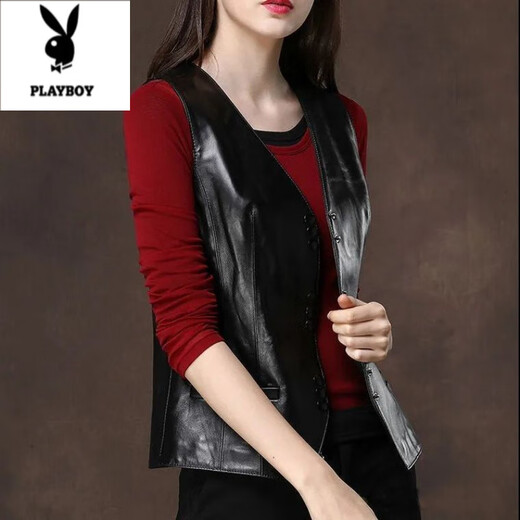 Playboy (PLAYBOY) PU leather vest for women 2025 spring and autumn new versatile short sleeveless imitation sheepskin waistcoat vest jacket top black thin L recommended 110-125Jin Jin equals 0.5 kg