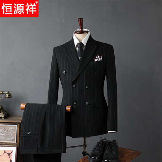 Hengyuanxiang versatile casual suit suit men's formal wedding striped gentleman's fashion slim professional suit 15* one button black (suit + trousers) two-piece set M 48