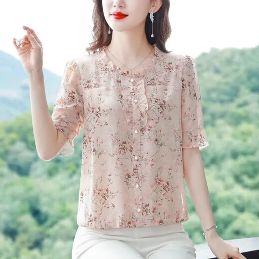 New summer short-sleeved floral chiffon shirt for women, loose belly-covering top, fashionable mother's age-reducing shirt, pink 3XL, recommended 135-145 Jin Jin equals 0.5 kg