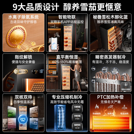 CIGARLOONG 158C cigar cabinet, precise constant temperature and humidity, smart WiFi compressor cabinet with fingerprint lock, cedar wood layer, alcohol-rich water ion removal, ammonia-raising tomato cigar humidifier, red wine cabinet, cedar wood liner sober cigar box model, fingerprint lock + WiFi + ammonia purification system