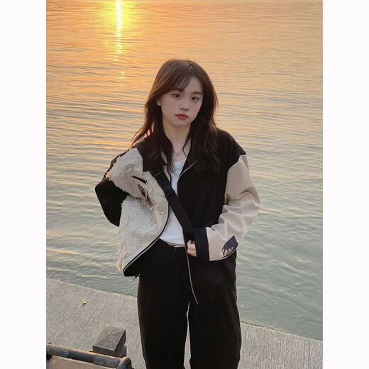 Tangxiang Jacket Women's Spring and Autumn Versatile Autumn Wear Student Trendy Brand High-Quality Street-Friendly Spring and Autumn American Retro High Street Jacket 2340# Black 2XL
