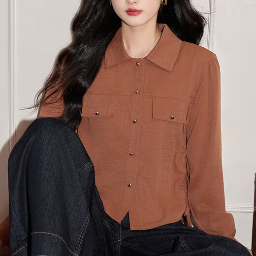 CHOCOOLATE it women's French solid color high-end long-sleeved shirt for women 2025 autumn and winter new design short shirt for women brick red one size