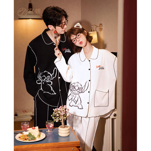 Gongdie Light and Soft Disney Stitch Long Sleeve Couple Pajamas Spring and Autumn Long Sleeve Cartoon Set Home Clothes