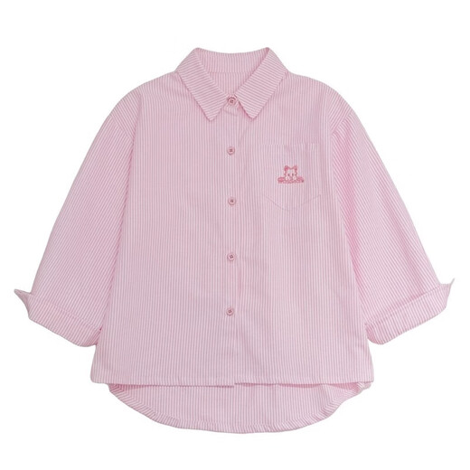 Girls pink shirt spring and autumn middle and large children pure cotton long-sleeved shirt children autumn thin coat girl plaid top pink Pocket Bear 140