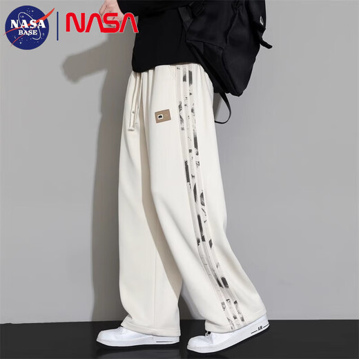 NASA BASE casual pants for men in autumn and winter plus velvet new style handsome loose drape straight pants trendy brand versatile wide-leg sports trousers apricot (recommended) XL (recommended 125-150Jin Jin equals 0.5 kg)