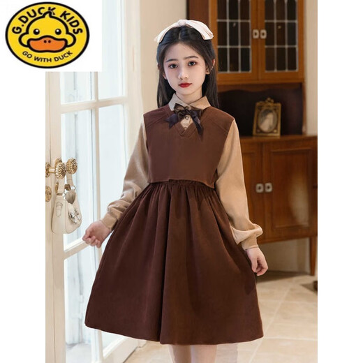 G.duck Little Yellow Duck Girls Dress Autumn 2025 New Medium and Big Children Red College Style Skirt Girls Spring and Autumn Style 59105-1 Maroon Red 110 cm