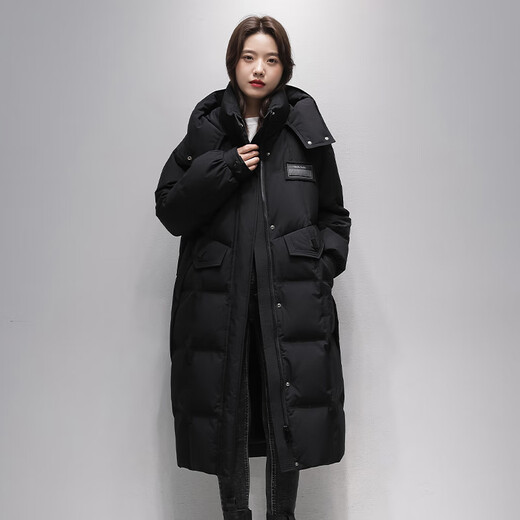 Flying in the Snow Down Jacket Women's Long 25 Winter Over-the-Knee Loose Large Size Thickened 90 Duck Down Warm Hooded Jacket Black M