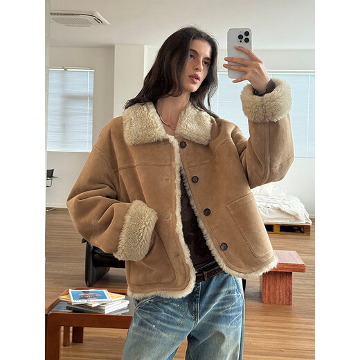 Fu Zhien Christmas Market Contrast Lapel Shaved Pressed Merino Fur One-piece Fur Short Jacket Light Khaki Australian Imported Matte Velvet Merino M