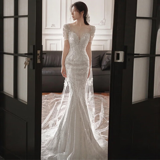 Ovivo fishtail wedding dress bridal main yarn high-end French light wedding dress 2025 new fishtail dress high-end small tail style with veil gloves M