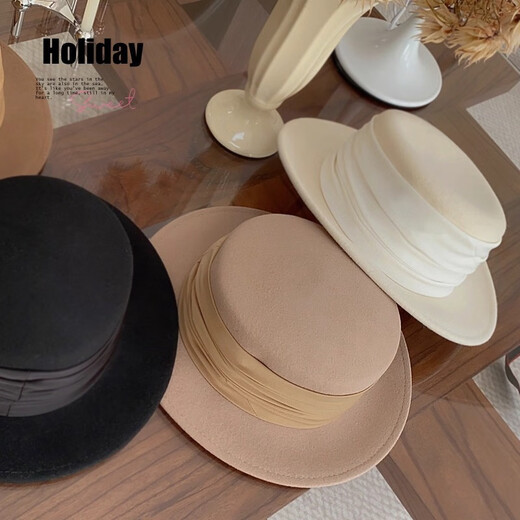 Chenyin New French Retro Hepburn Style Elegant Flat Top Woolen Hat Women's Autumn and Winter British Style Hat Black Hat Black Ribbon S(54-57cm)