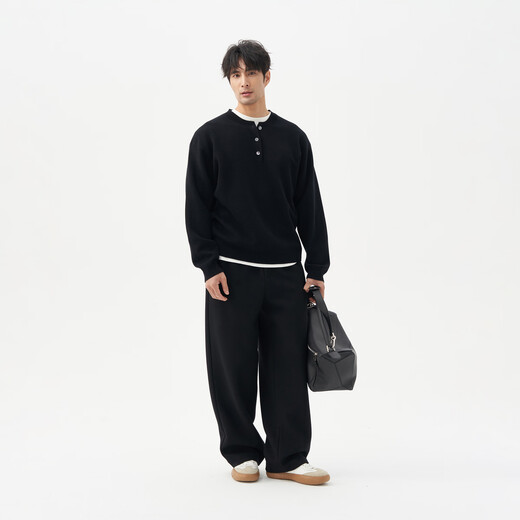 LEZORA Superfine Merino Cashmere Cashmere Autumn and Winter Loose Henley Neck Sweater for Men Black S