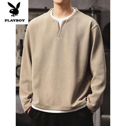 Playboy (PLAYBOY) fake two-piece long-sleeved t-shirt men's trendy brand v-neck top American retro waffle henley shirt base sweatshirt apricot heavy 400g M 100120Jin Jin equals 0.5 kg