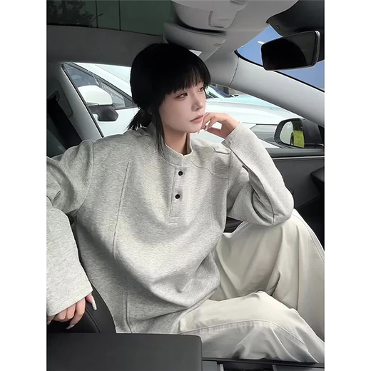 Jufeng black Henry collar American polo sweatshirt men's autumn deconstructed heavyweight long-sleeved t-shirt boxy inner layering shirt black upgraded model M 100-115Jin Jin equals 0.5 kg