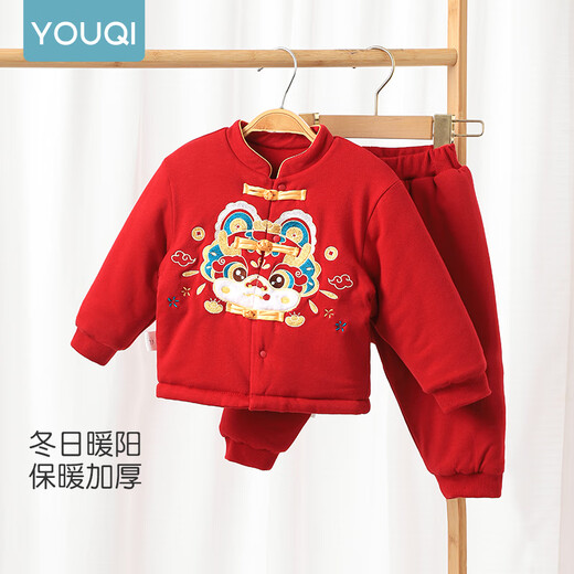 优奇婴儿衣服男女宝宝秋冬厚款套装秋分体两件套百天周岁红色喜庆礼服