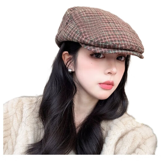 New retro plaid forward hat Japanese style spring and autumn all-match fashion big head painter British duck beret camouflage green woolen plaid forward hat