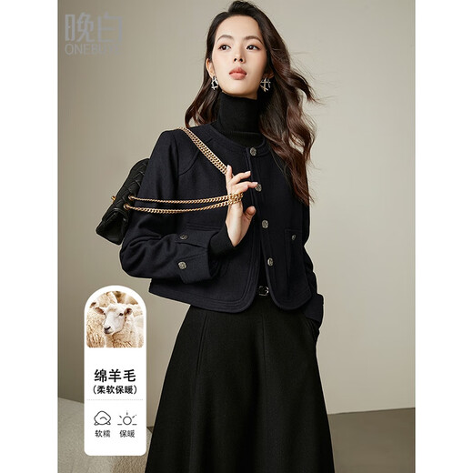 Late White New Product 2025 Autumn and Winter Fashion Simple Casual Jacket Round Neck Wool Temperament Short Jacket for Women Dark Blue M