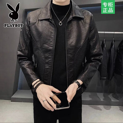 Playboy Leather Jacket Men's Autumn and Winter New Lapel Leather Jacket Trendy Slim Motorcycle Casual Korean Style Velvet PU Leather Jacket for Men 8898 Black Velvet L Recommended 110-125 Jin Jin equals 0.5 kg