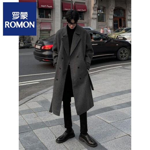 ROMON Belt Tie Mid-Length Woolen Coat Men's Knee-Level Loose Winter Thickened Korean Woolen Windbreaker Jacket Trend Black Counter Genuine 3XL Recommended 180-210Jin Jin is equal to 0.5 kg