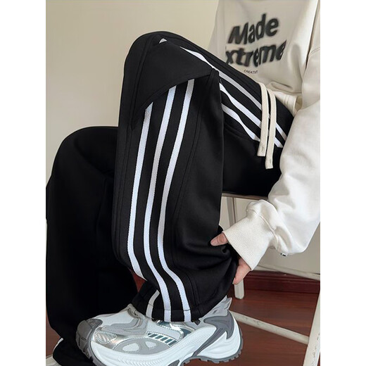 Katuchi black striped splicing straight casual pants for men in spring and autumn trendy handsome loose slimming wide leg sports long pants black white stripes XL recommended 125-140Jin Jin equals 0.5 kg