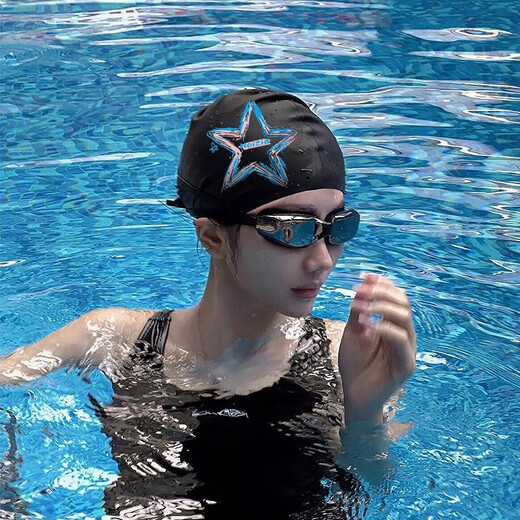 Silicone swimming cap for women with long hair that does not strangle the head, high appearance, waterproof, large head circumference, high elasticity, non-stretch swimming equipment for adults, black star style
