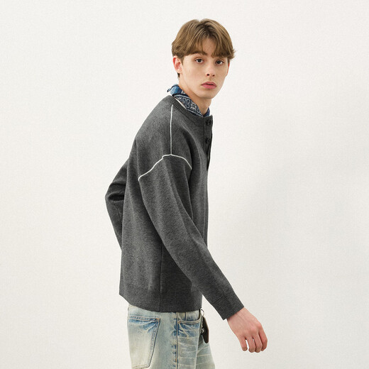 714street high-density anti-pilling henley collar sweater for men 2025 autumn and winter off-shoulder loose knitted sweater top gray M