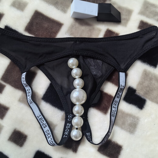 He Jiagong's customized underwear with beads for men, sexy exposed buttocks, thin mesh, 7 large beads, massage back door personalized thong, black, one size fits all, 80-135Jin Jin is equal to 0.5kg