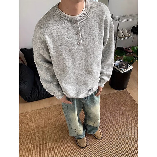 Zhiwei gray American Henry collar sweater men's autumn and winter high-end lazy style bottoming sweater cleanfit inner layer light gray XL