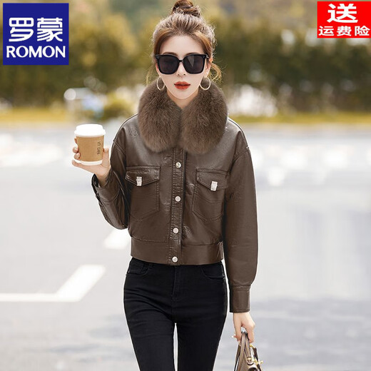 ROMON genuine leather jacket with velvet and thickening for women 2025 autumn and winter new style fashionable little leather jacket short coat coffee color + coffee color fur collar leather jacket XL recommended 105-115Jin Jin equals 0.5 kg