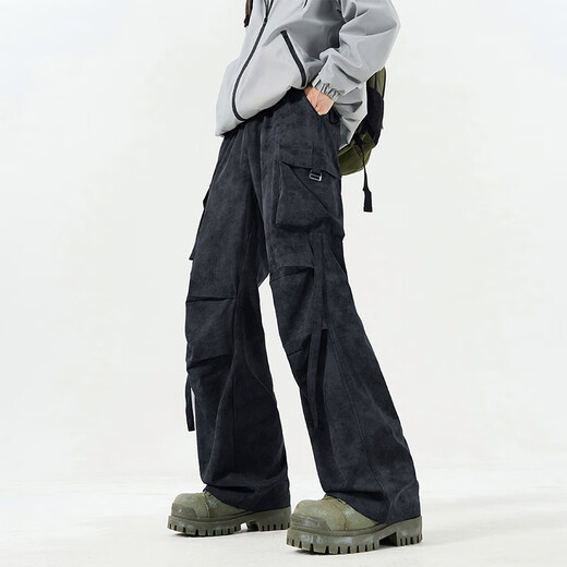 IZEXX American overalls men's autumn high street straight wide leg trendy tie-dyed casual long pants KW99 black XL