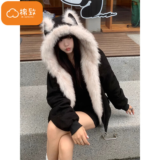 Cotton mountain sculpture cat ears hooded cotton coat for women winter thickened high-end cotton coat down jacket jacket parka 381 black high quality M 105-120Jin Jin is equal to 0.5 kg