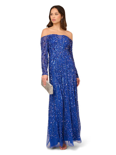 Adrianna Papell Women's Beaded Off Shoulder Gown Brilliant Sapphire 12