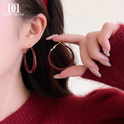 DAISY DREAM925 Silver Needle Temperament Red Large Hoop Earrings Women's Light Luxury Niche High-end Earrings Hot Stud Ear Accessories 3cm Red Hoop 925 Silver Needle